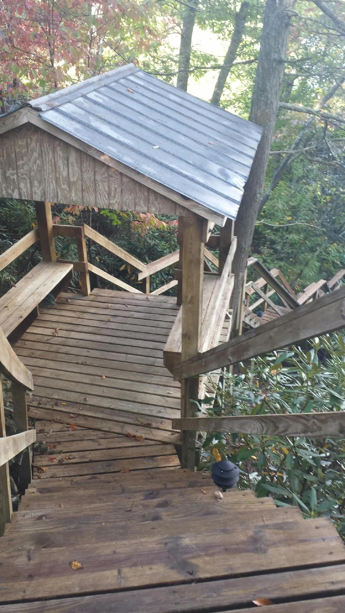 Metal roofed shelter over wooden steps on a wooded walkway — Skylight Repair & Installation work by our crew in Blanchester